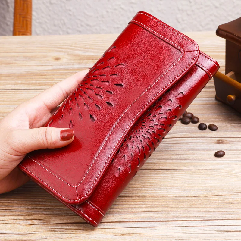 Etui na karty RFID Portfel damski Lucky Flower Torebka ze skóry bydlęcej Długa modna damska kopertówka
