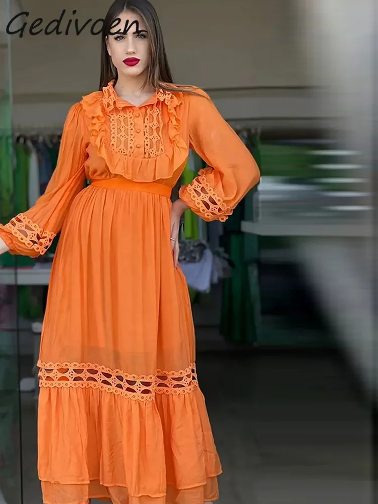 

Gedivoen Autumn Fashion Designer Orange Vintage Party Dress Women Lapel Hollow Out Embroidery Ruffles High Waist Slim Long Dress