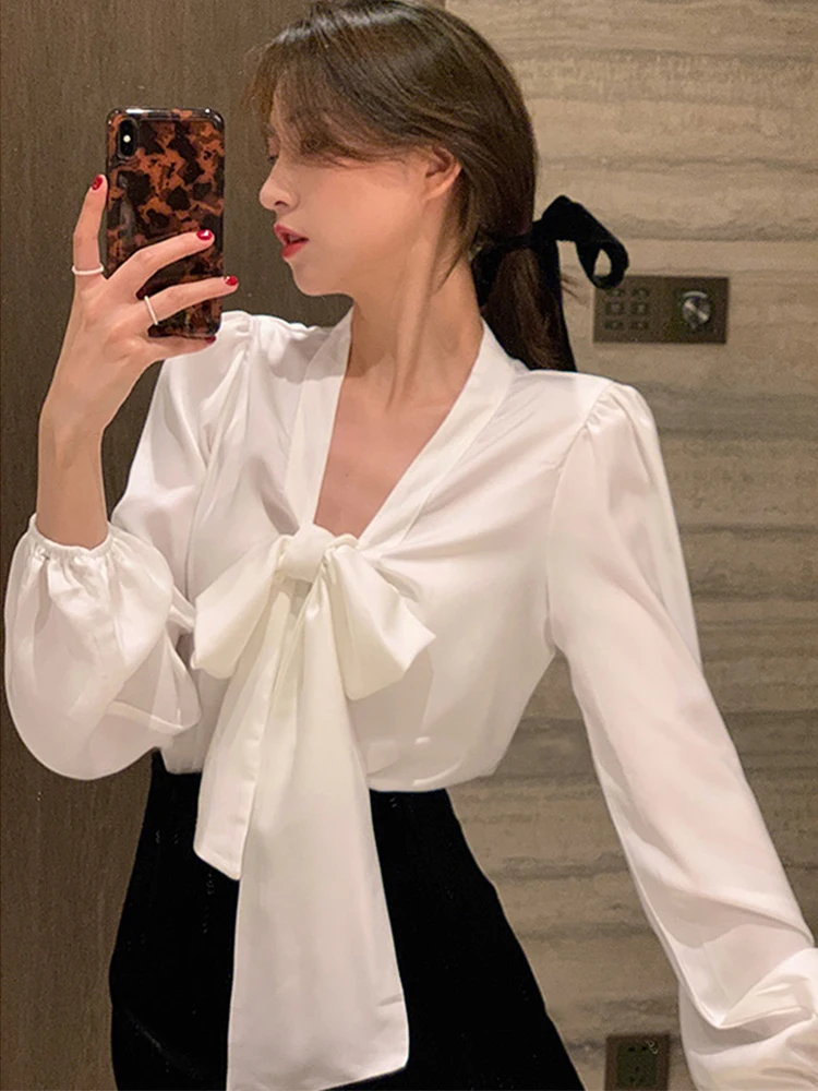 

White Chiffon irt Women's Spring Autumn Long Sve Bow Tie Agel Korean Sle Straight Cut Commute Faion Top