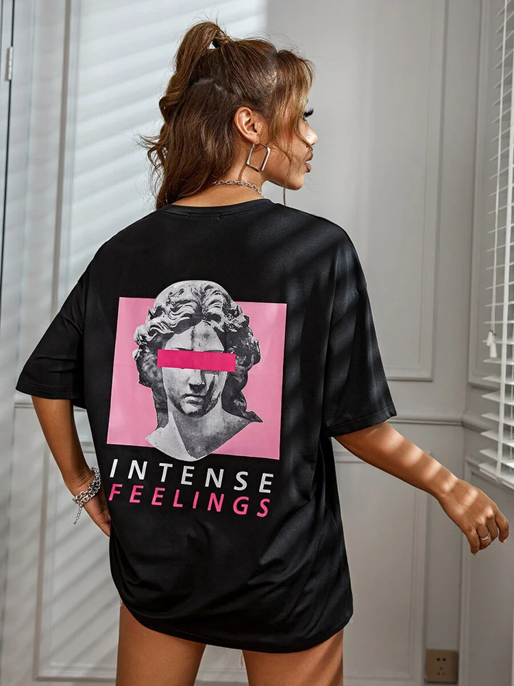 Intense Feelings European Art Statue Street T-Shirts Women Fashion Hip Hop Breathable Tops Cotton Oversized Brand Clothing Tees