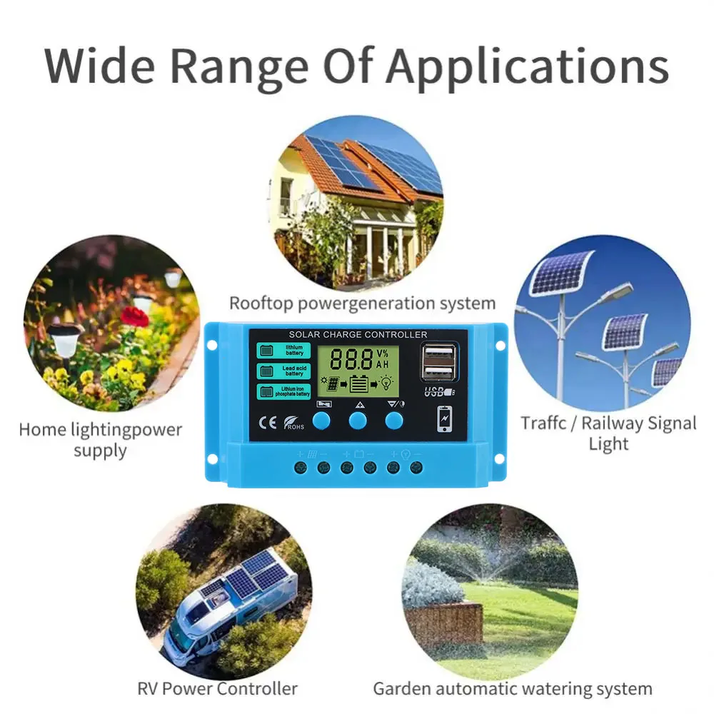 LCD Display Dual USB 12V/24V 5V Output Auto Solar Controller PWM Battery Charger 30A Solar Regulator