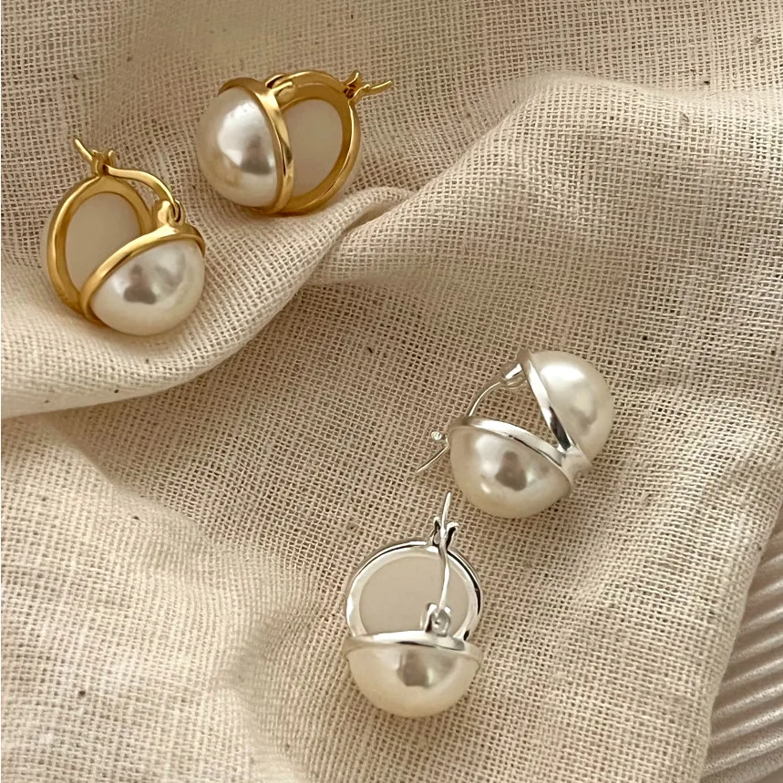 13mm 18K Gold Authentic 925 Sterling silver Double Shell Pearl Circle Ear-Bone Earrings Leverback buckle Jewelry C-C962