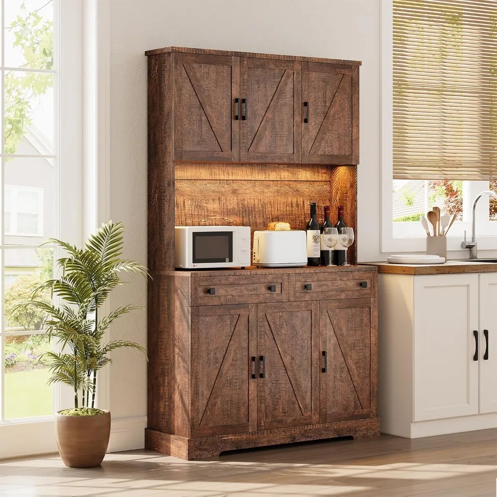 71-hoher Küchen-Speisekasten mit Ladestation und LED-Leuchten, Bauernhaus-Küchenschrank mit Mikrowellenständer