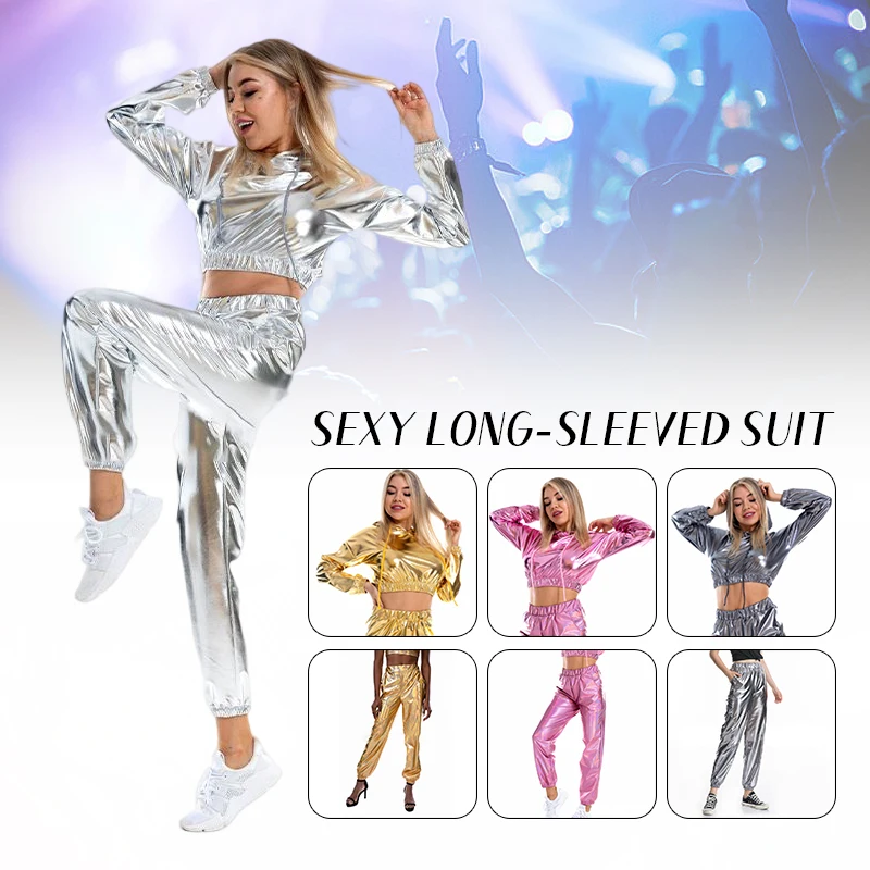 

Sexy Cropped Holographic Hoodies Women Shiny PU Metallic Hoody Long Sleeve Sweatshirts Clubwear Pants Club Dancewear