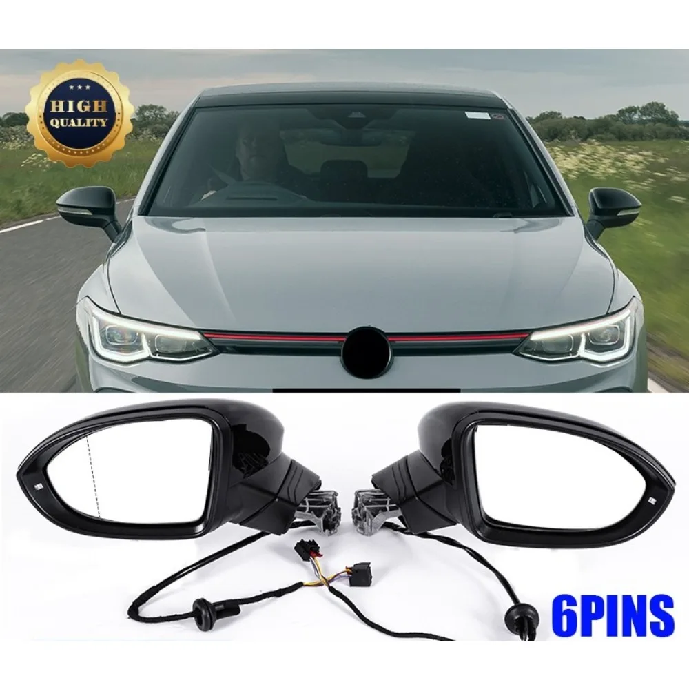 For VW Golf MK8 2020-2025 Wing Mirror Electric Heated Gloss Black 6 Pin 2 Pcs Car Side Rearview  Mirror Assembly