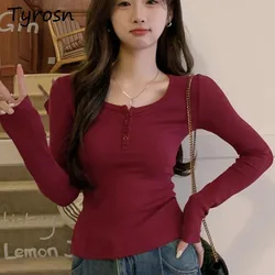 Burgundy T-shirts Women French Style Elegant Office Lady Casual Daily Temperament All-match Slim Unique Autumn Long Sleeve Tops