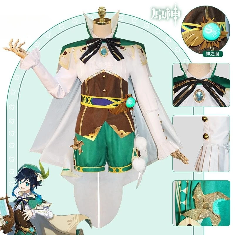 Genshin Impact Cosplay Venti abbigliamento Anime giochi di ruolo accessori puntelli parrucca mantello Set Halloween donna