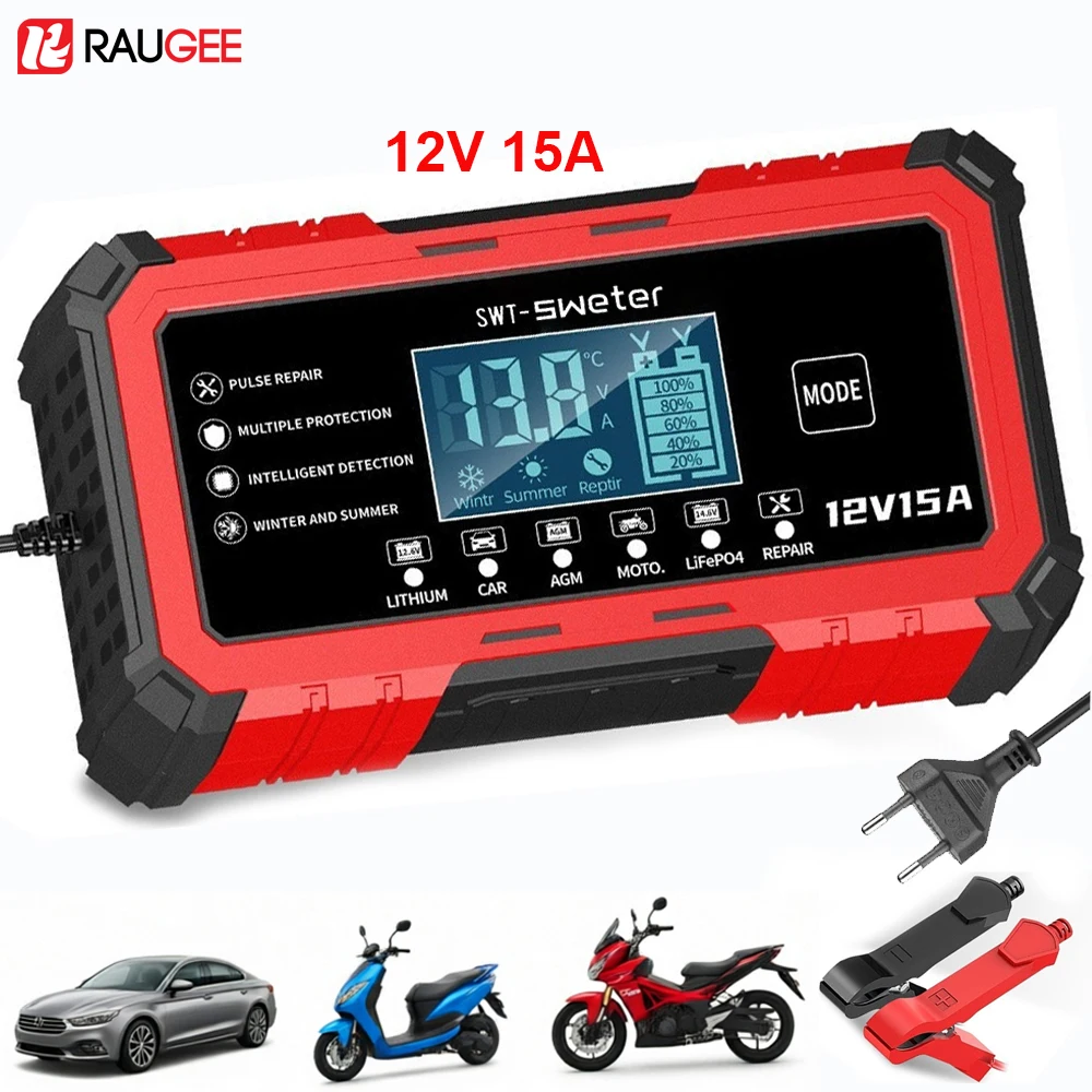 Battery Charger 12V 15A Display Screen Motorcycle Battery Charging Pluse Repair Car Battery Charger for Unit Lead-Acid Repair
