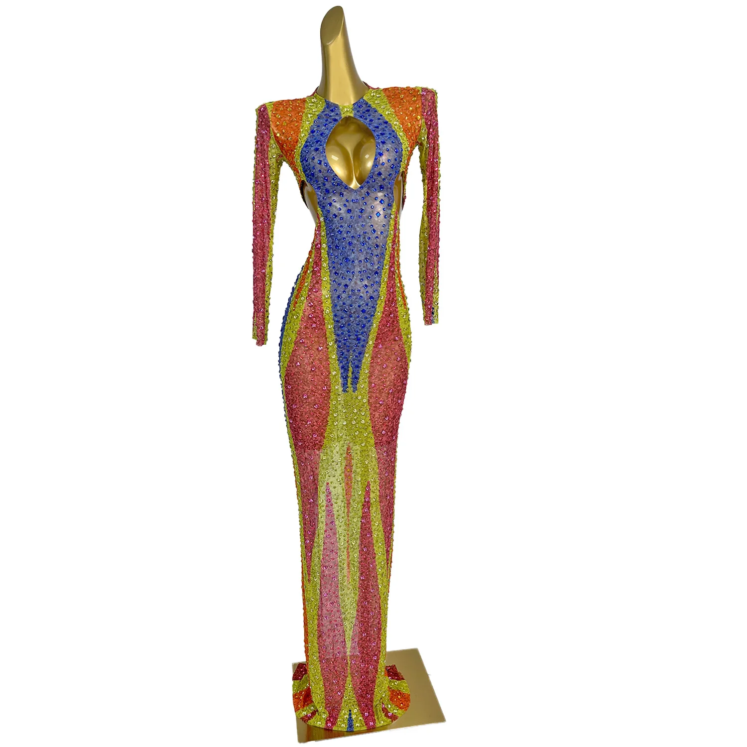 섹시한 컬러 라인스톤 생일 파티 이브닝 연회 롱 드레스 여성용 컷아웃 프롬 가운 플로어 기장 디너 파티 드레스 클럽웨어