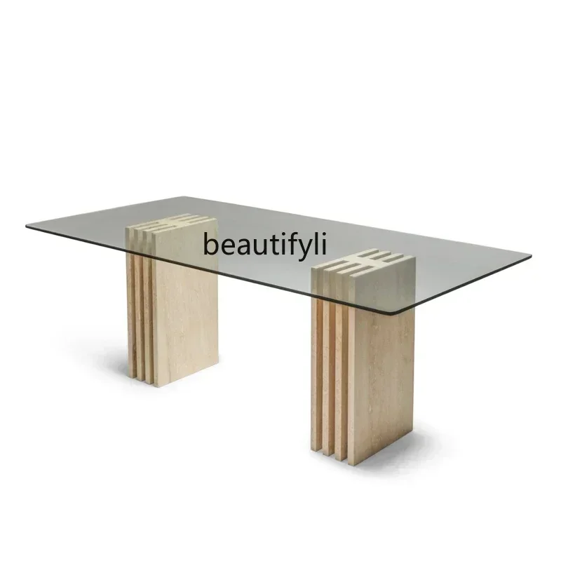 D176   Modern minimalism, dining table, art, rectangular tempered glass countertops, table