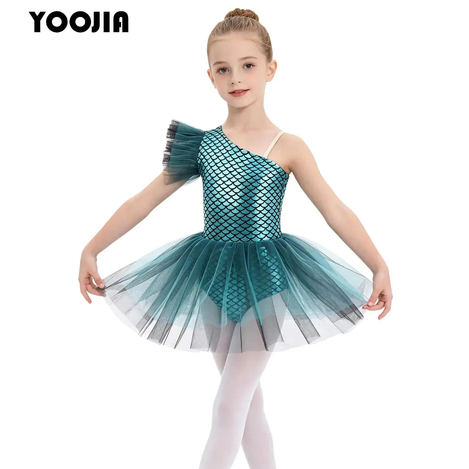 

Girls Fish Scales Gymnastic Leotard Figure Skating Bodysuit Metallic Shiny Mermaid Ballet Tutu Dress Halloween Mermaid Costumes