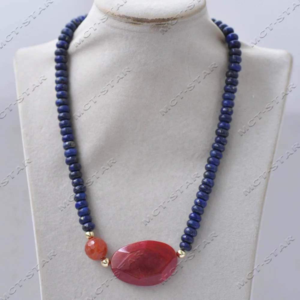

MCT·STAR 18'' 40mm Natural Rondelle Blue Lapis lazuli Necklace Red Agate Pendant Custom Jewelry（Z13998）