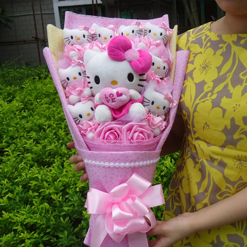 Sanrio Hello Kitty Plush Stuffed Bouquet With Graduation Hats Handmade  Doll Cute Soap Flower Rose Flower Bouquet Birthday