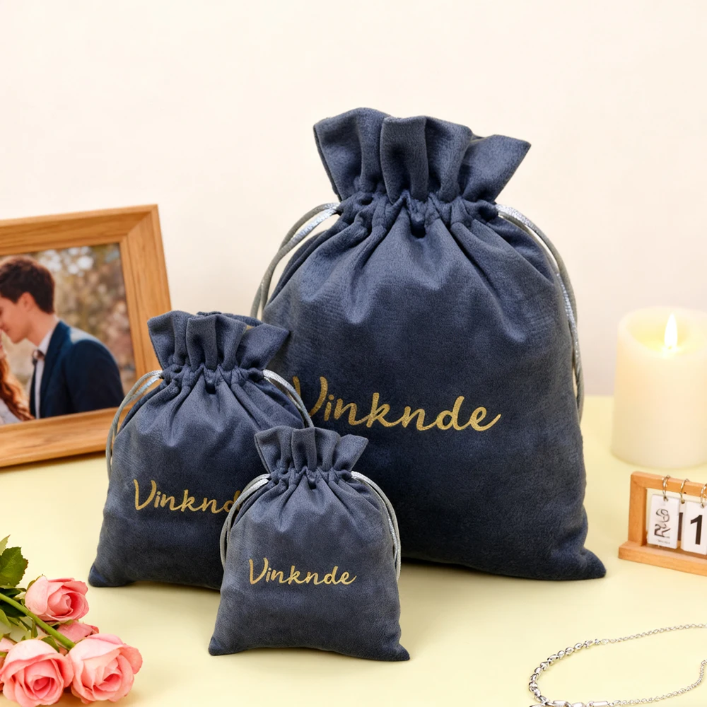 

50pcs Grey Velvet Jewelry Bag Drawstring Fabric Pouch Earring Watches Packaging Small Cloth Bags Custom Logo Candy Storage Sack