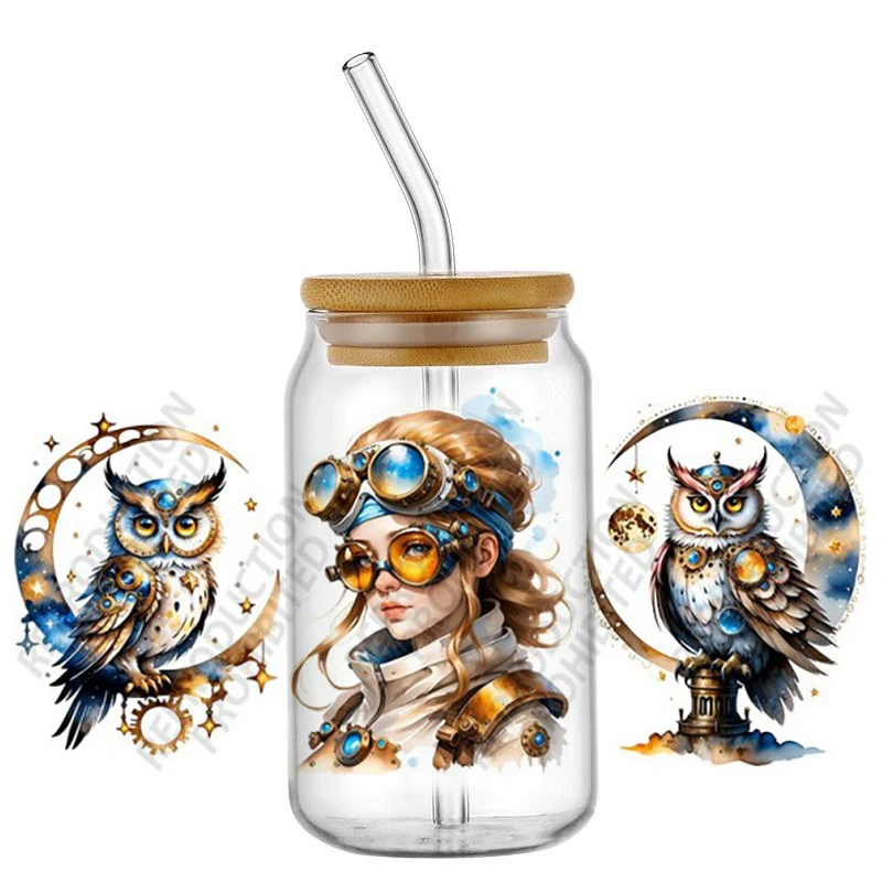 Steampunk Vintage Mechanical Lady UV DTF Cup Wrap Waterproof Cold Transfer Sticker for 16oz Libbey Glass Can DIY Gift Decor