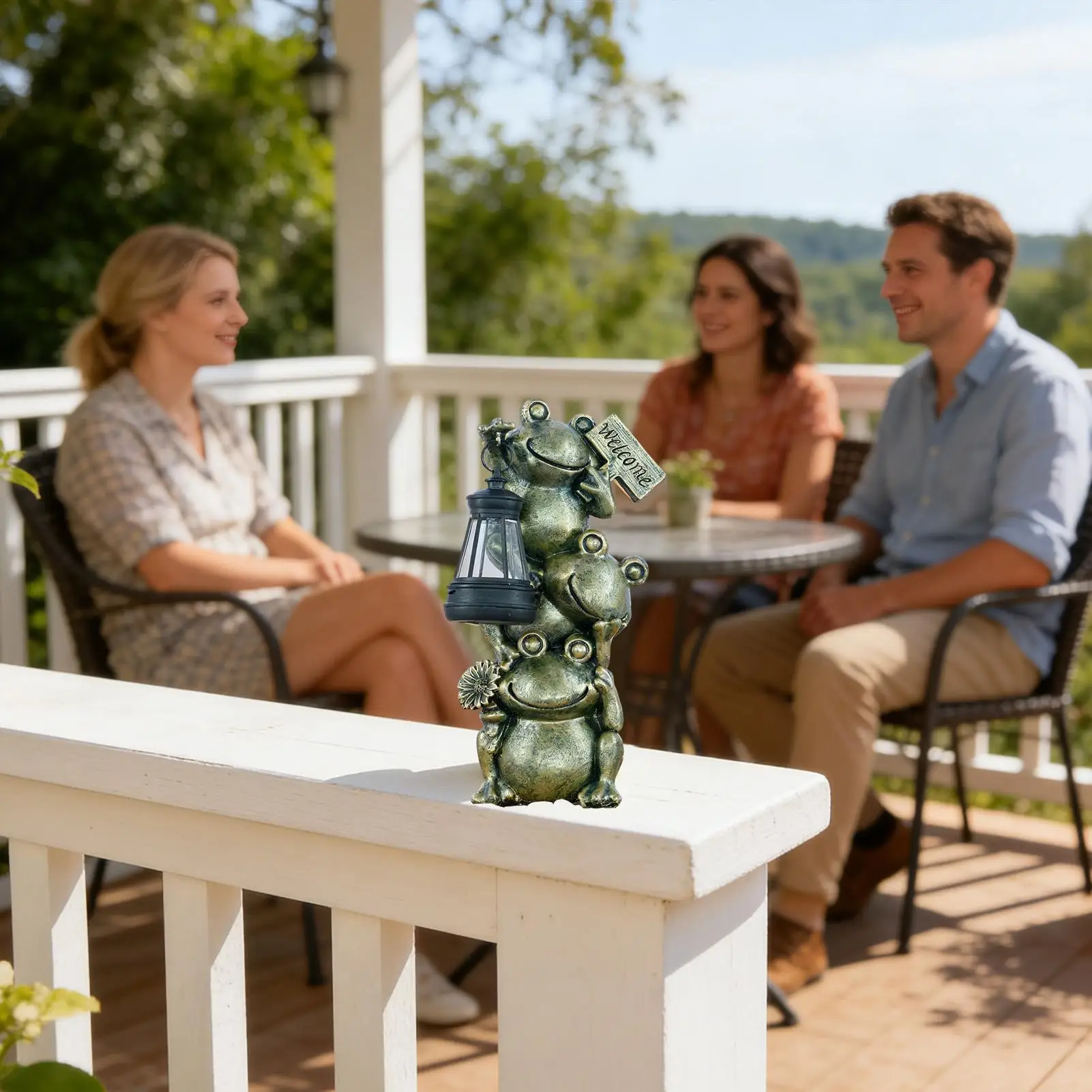 Stacked Frog Garden Statue with Solar Lantern & Welcome Sign - Outdoor Patio Decoration, Resin Frog Decor for Garden Entryway