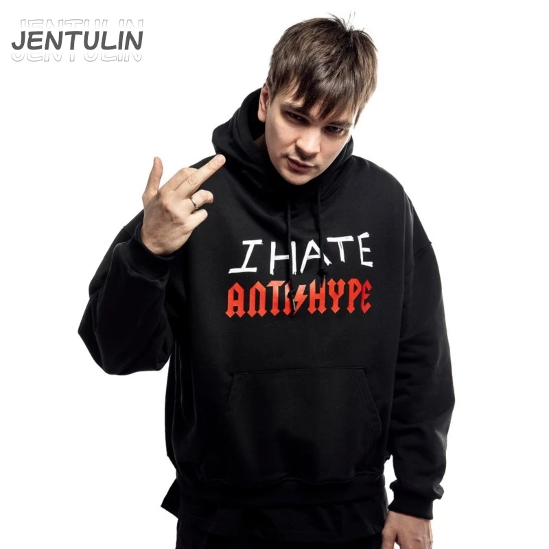 Harajuku Oversized Pullover Men\'s Hoodies I HATE ANTIHYPE Graphic Print Goth Hooded Sweatshirt Hip Hop Fashion Clothing Y2k Tops