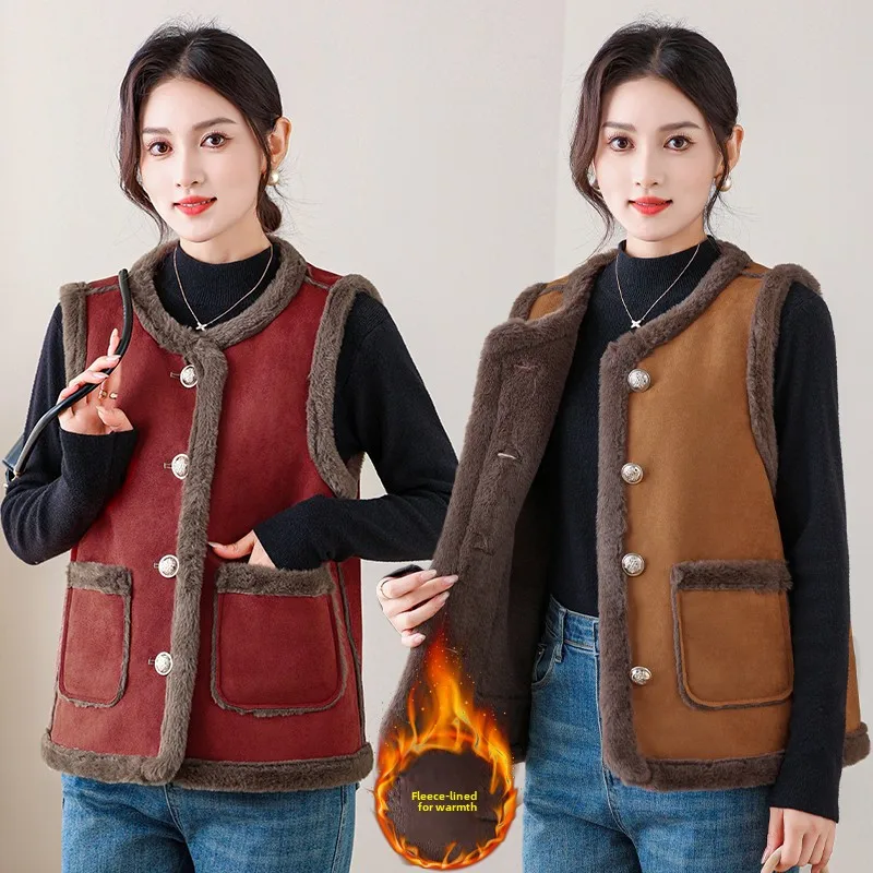 

Утепленный флисовый жилет для женщин среднего и старшего возраста, осенне-зимняя одежда, повседневный дизайн с пуговицами, полиэстер