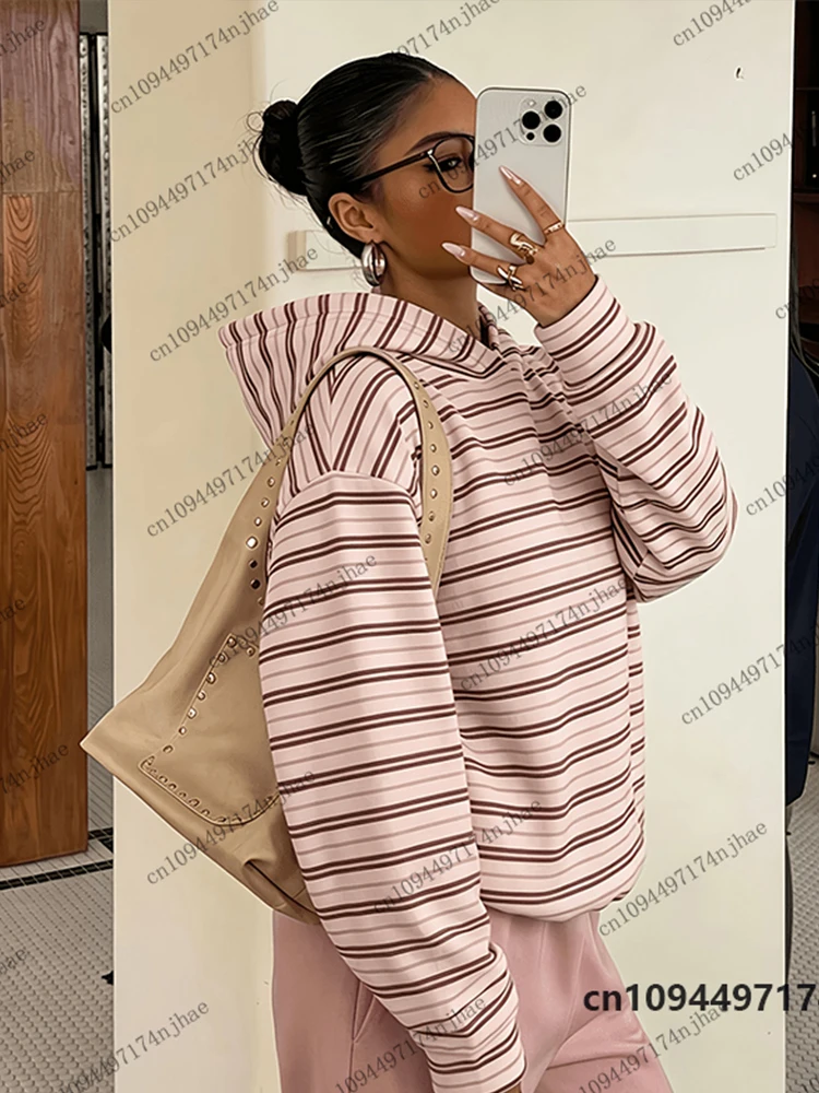 2026 Neue Vintage-Streifendruck-Hoodies für Damen, Herbst-Winter-Langarm-Sweatshirt, lässiger Street-Pullover, Oversized-Unisex-Oberteil – Detail 8