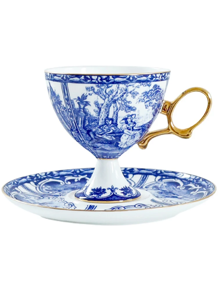 European blue and white porcelain high leg coffee cup plate afternoon tea set bone china cup retro high-end luxury gift