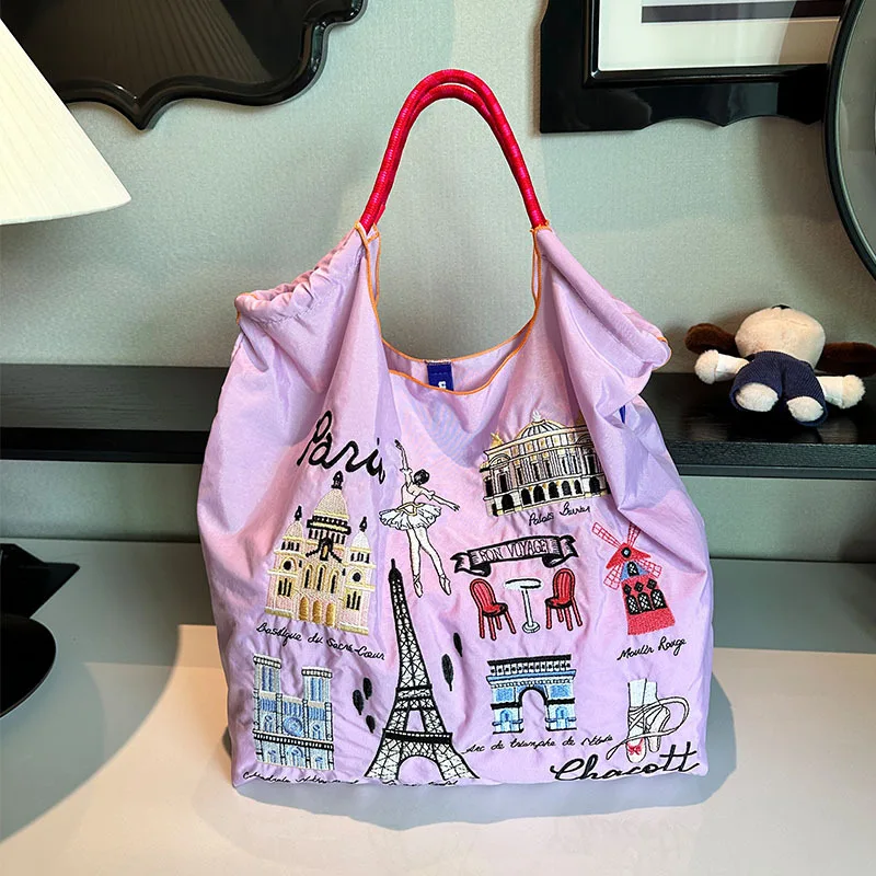 New Ball Chain Embroidered Iron Tower Shopping Bag Large Capacity Nylon Environmental Bag Handheld One Shoulder Crossbody Bag