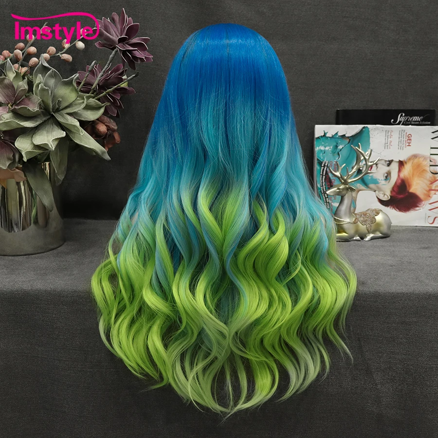 Imstyle Ombre Blue Wig Green Synthetic Lace Front Wig Natural Wavy Wigs For Women Two Tone Heat Resistant Fiber Cosplay Wig