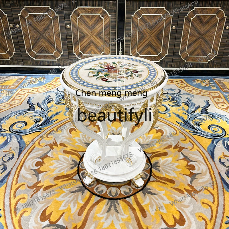 Q178 French solid wood small coffee table, European shell veneer small round table, carved tea table by the sofa in the living r