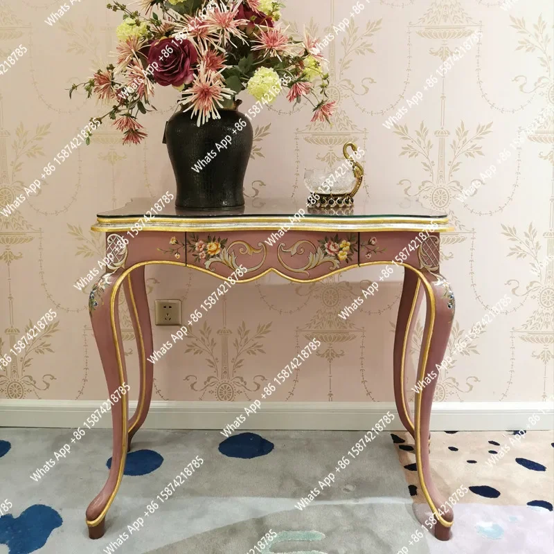 

S69 [Antique Rose Red] French Hand-painted Flower Solid Wood Writing Desk Duchess Rose Red Pink Desk
