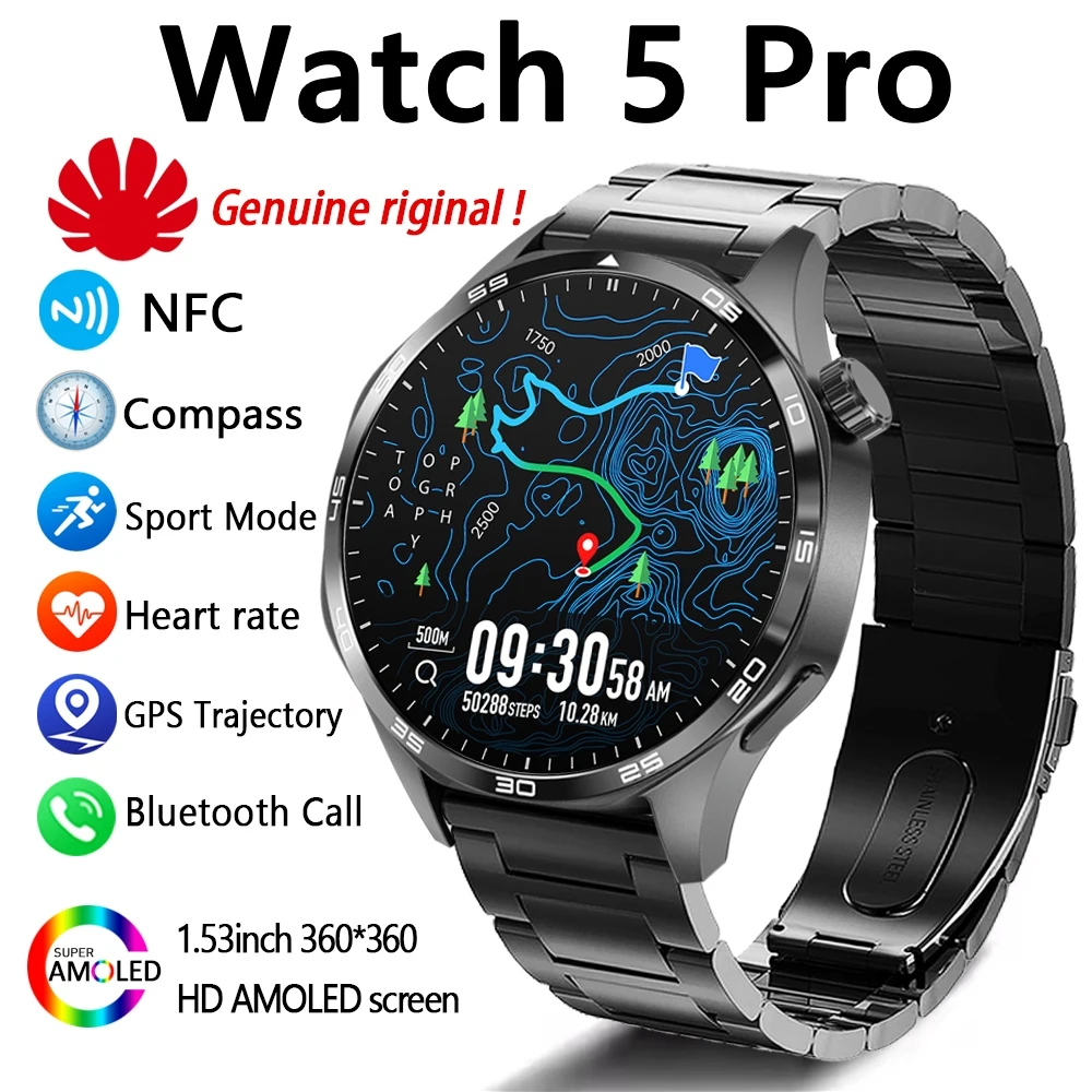2026 New Bluetooth Call Smart Watch Men 1.53-inch AMOLED HD Screen Sports IP68 Waterproof Heart Rate Smartwatch Watch 5 Pro