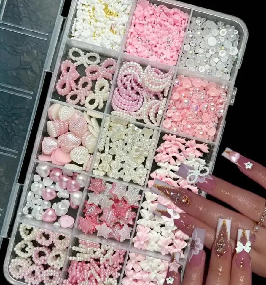 1 caja serie rosa y blanco lazo corazón encantos de uñas 3D decoraciones de arte acrílico perla flor de 5 pétalos accesorios de manicura* 2
