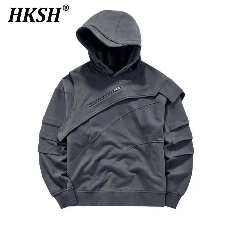 

HKSH Multi Zipper Hooded Sweatshirt Men's Tide Punk Fake Two-Piece American High Street Retro Waste Land Pullover Jackets HK2858