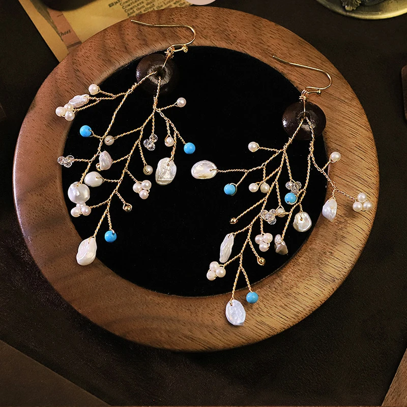 Original Design Pearl Wrapped Wire Wooden Turquoise Hook Earrings Jewelry For Women Long Tassel Drop Earrings Ear Ornaments Gift