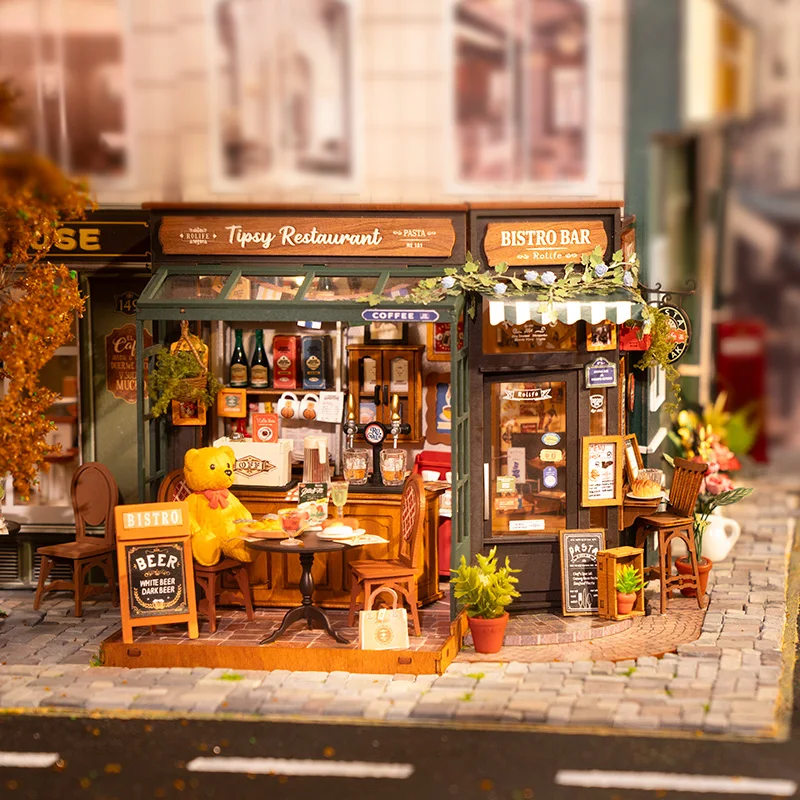 Robotime Rolife Tipsy Restaurant Miniature Dollhouse 3D Wooden Puzzle Bistro Bar Design Gifts for Family Home Decoration Toys