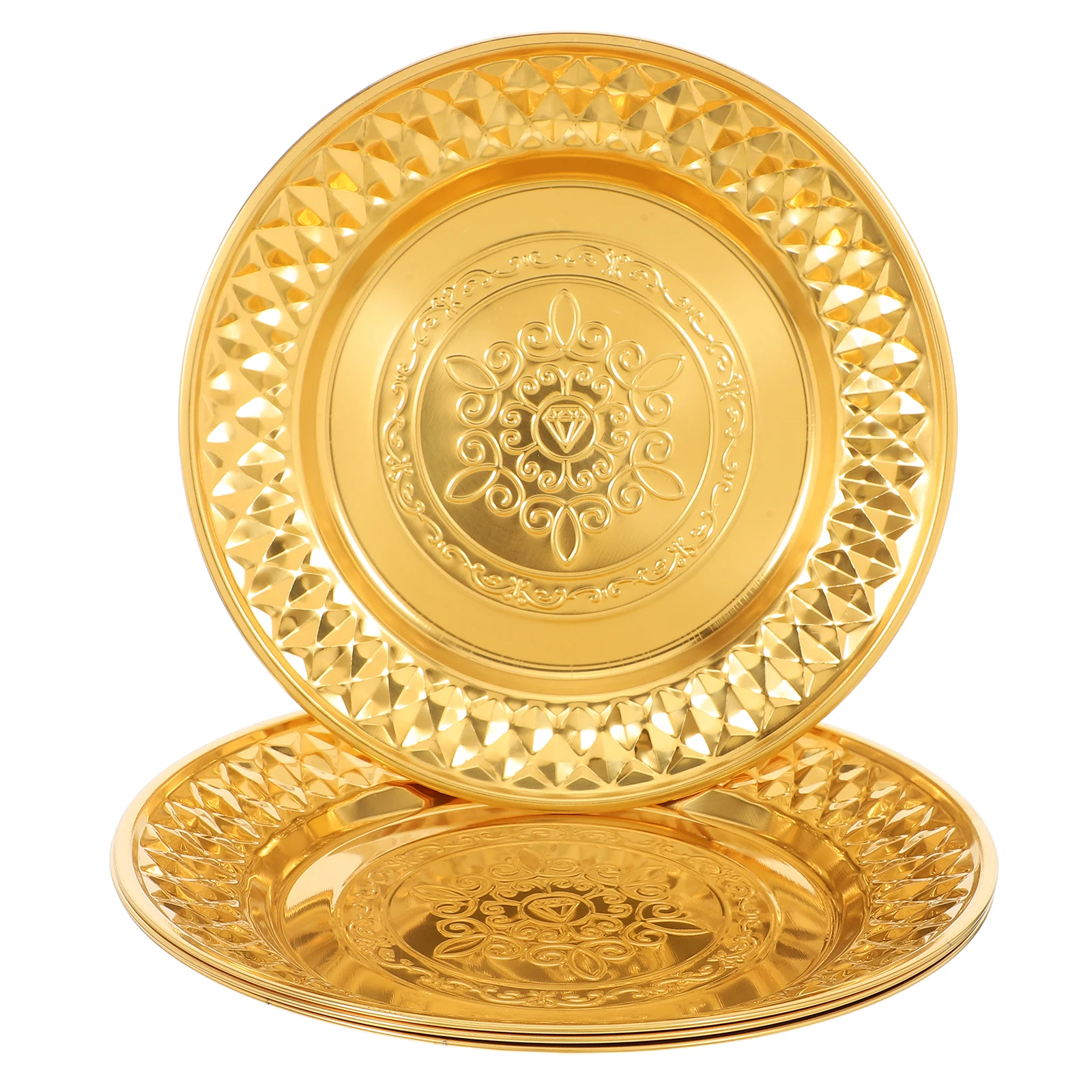 

4pcs Stainless Steel Gold Plated Vintage Diamond Pattern Dinner Plates Round Serving Trays Elegant Appetizer Fruit