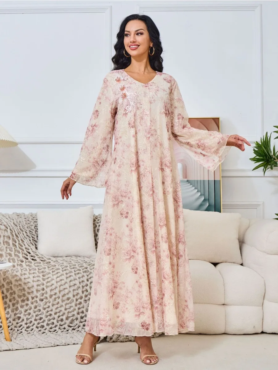 Eid Dubai vestido de fiesta musulmán para mujer Abaya estampado rebordear Jalabiya Vestidos largos Marruecos Kaftan Vestidos Ramadán vestido 2024