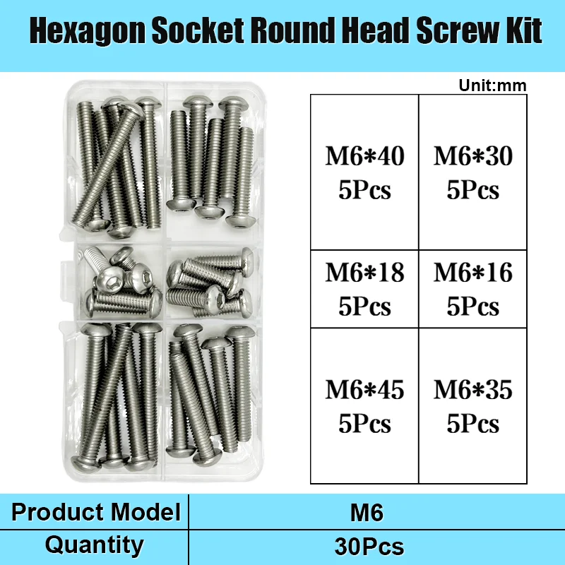 M2 M2,5 M3 M4 M5 M6 M8 M10 Innensechskantschraube A2-70 304 Edelstahl Sechskant Knopfkappe Kopf Metrisches Maschinenschrauben-Sortimentsset – Detail 13