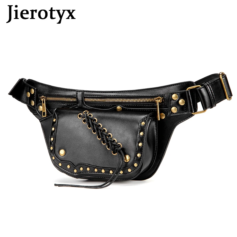 

JIEROTYX Goth Bag Leather Fanny Pack Waist Bag Crossobody Sling Chest Purse Daypack Travel Utility Belt Hip Bum Bag for Closplay