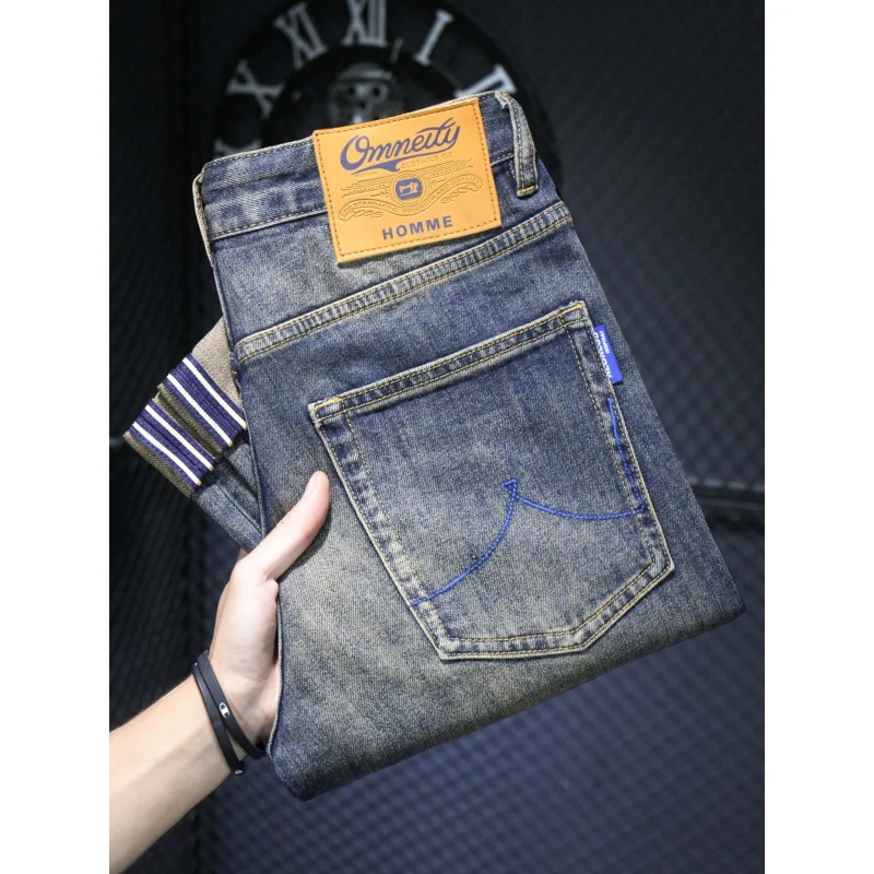 High-End plus Size Distressed Retro Jeans Men's Fashion Street Slim Fit Stretch Pencil Pants Handsome Long Pants