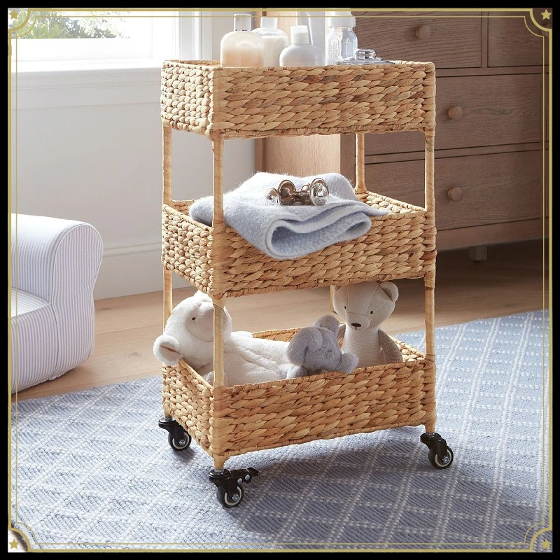

Wheeled straw storage rack, sundries storage, hand-woven storage and finishing, multi-layer wardrobe basket
