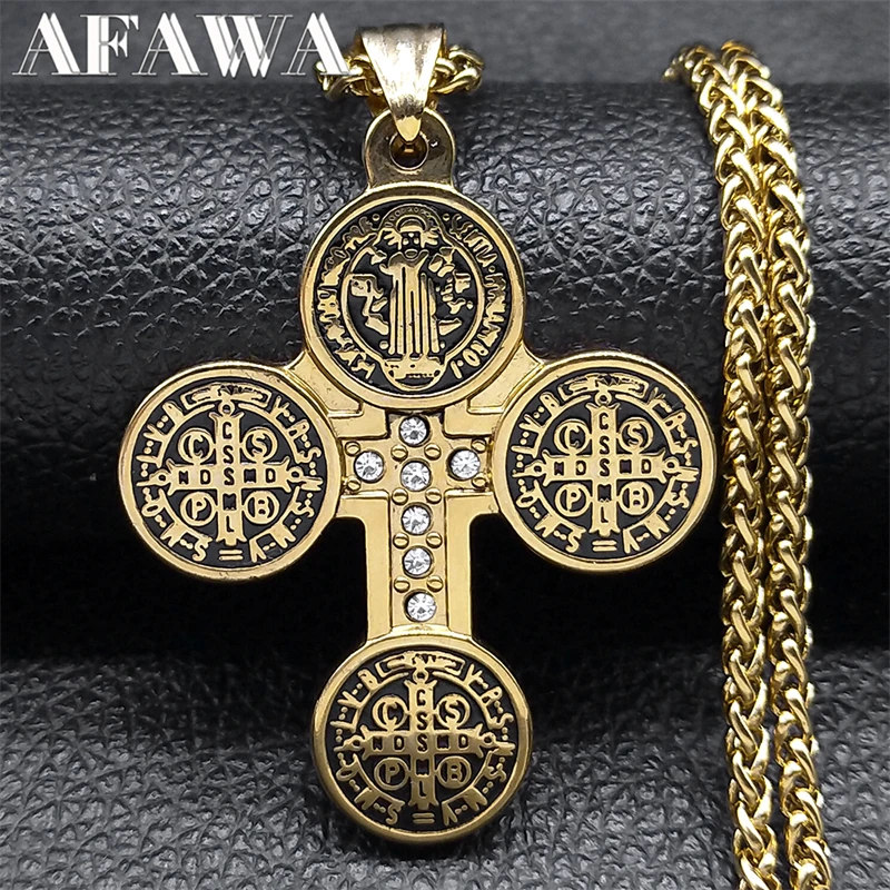 

Catholic Saint Benedict Medal Cross Pendant Necklace for Women Men Gold Color Stainless Steel San Benito Chain Jewelry NZZZ173