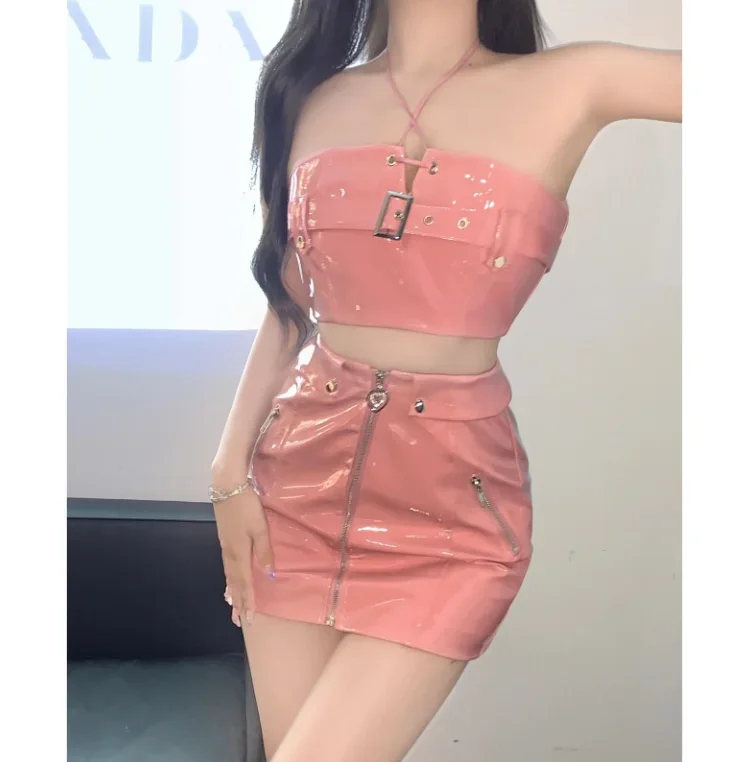 

CPSYMYM Two Piece Set Women Outfit Summer Pink Short Bandeau Vest Top High Waist Thin Leather Zipper Design Mini Skirt Set