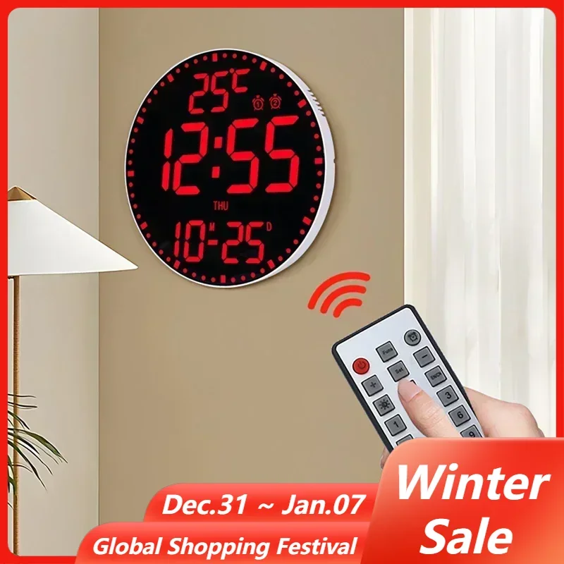 Living Room Creative Colorful Wall Clock RGB Perpetual Calendar Digital Clock Temperature Date Time Week Display LED Clock