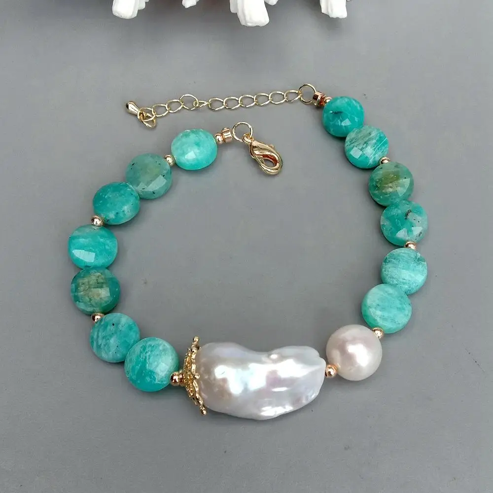 YYGEM 11mm Natural Green Peruvian Amazonite Coin Shape Beaded 15x28mm  Freshwater Cultured White Keshi Baroque Pearl Bracelet