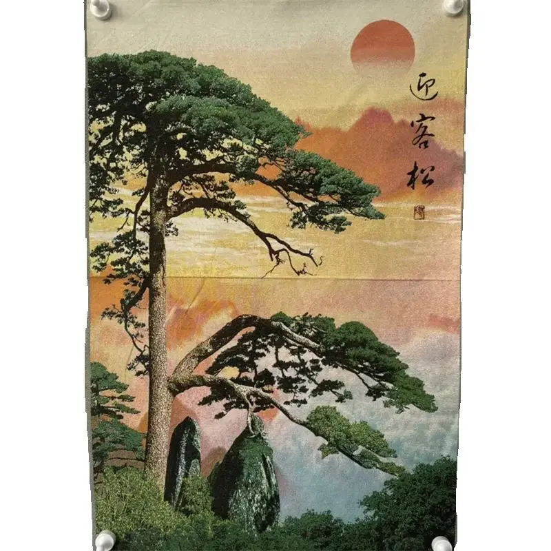 China old Silk Brocade Tangka Wall Art 'Welcoming Pine' Embroidery Traditional Home Decor Artistic Piece for Interior Decoration