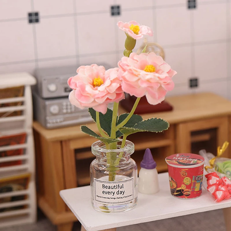 Casa de muñecas en miniatura, botella de cristal con flores en maceta, rosa, Halo, arreglo floral, decoración del hogar, muebles, juguetes, 1/12