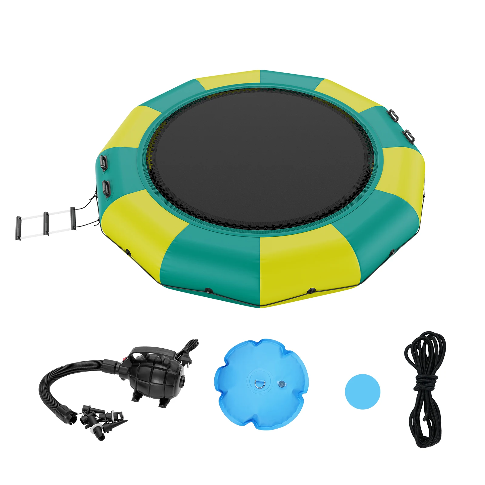 SucceBuy 12ft Inflatable Water Bouncer แทรมโพลีนน้ําเพื่อการพักผ่อนหย่อนใจแบบพกพา Bounce ว่ายน้ําแพลตฟอร์มสไลด์ 3 ขั้นตอนบันได