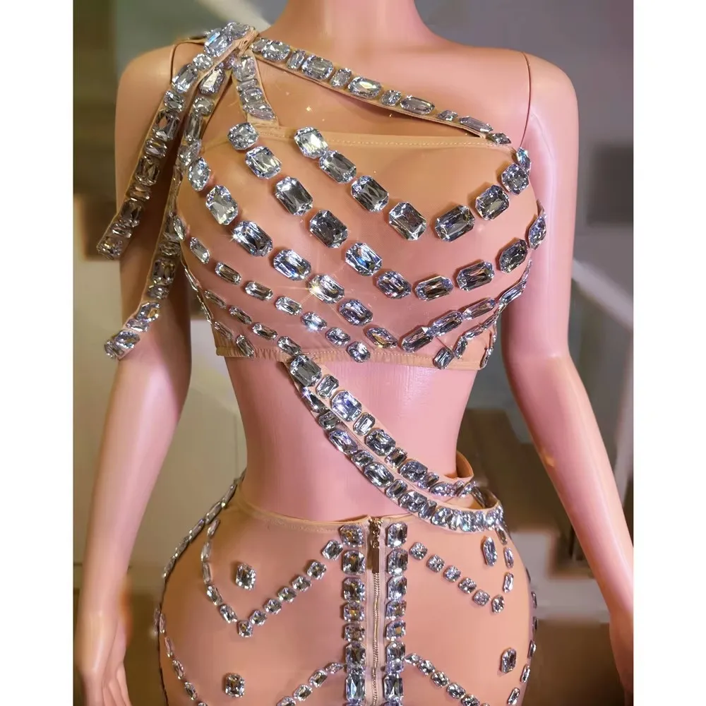 Top da festa sexy Gonna Costume da spettacolo Strass brillanti Crop Rave Outfit Set da 2 pezzi Compleanno Club Show Stage Wear