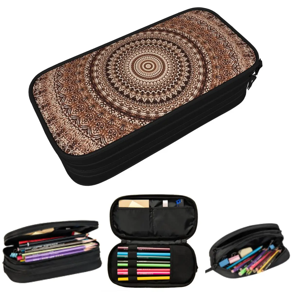 

Коричневый пенал в этническом стиле с мандалой для школьников, сумка для ручек, канцелярских принадлежностей, пенал-органайзер