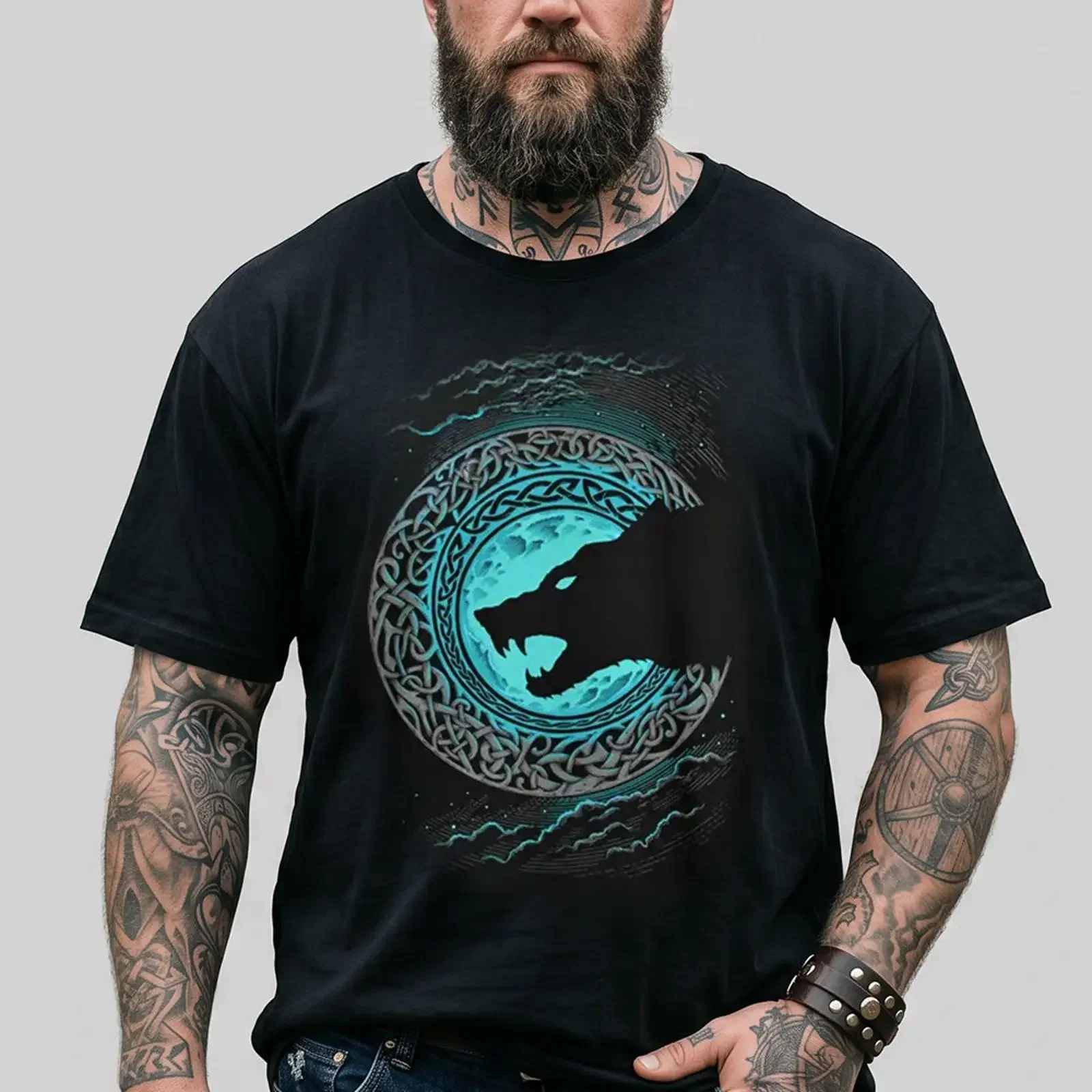 Man wearing a black t shirt with wolf and moon design on gray backgroundimg vintage Washed Top For Everyday Wear Stretched
