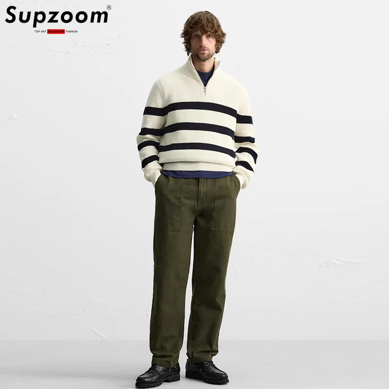 Supzoom 2025 New Arrival Top Fashion Turtlenecl Stripe Regular Cotton Male Casual Zipper Sweater Men